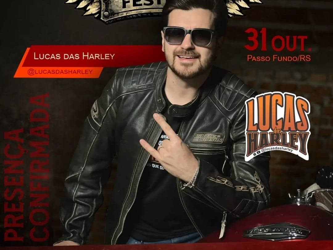 Card oficial do festival com Lucas das Harley de jaqueta de couro