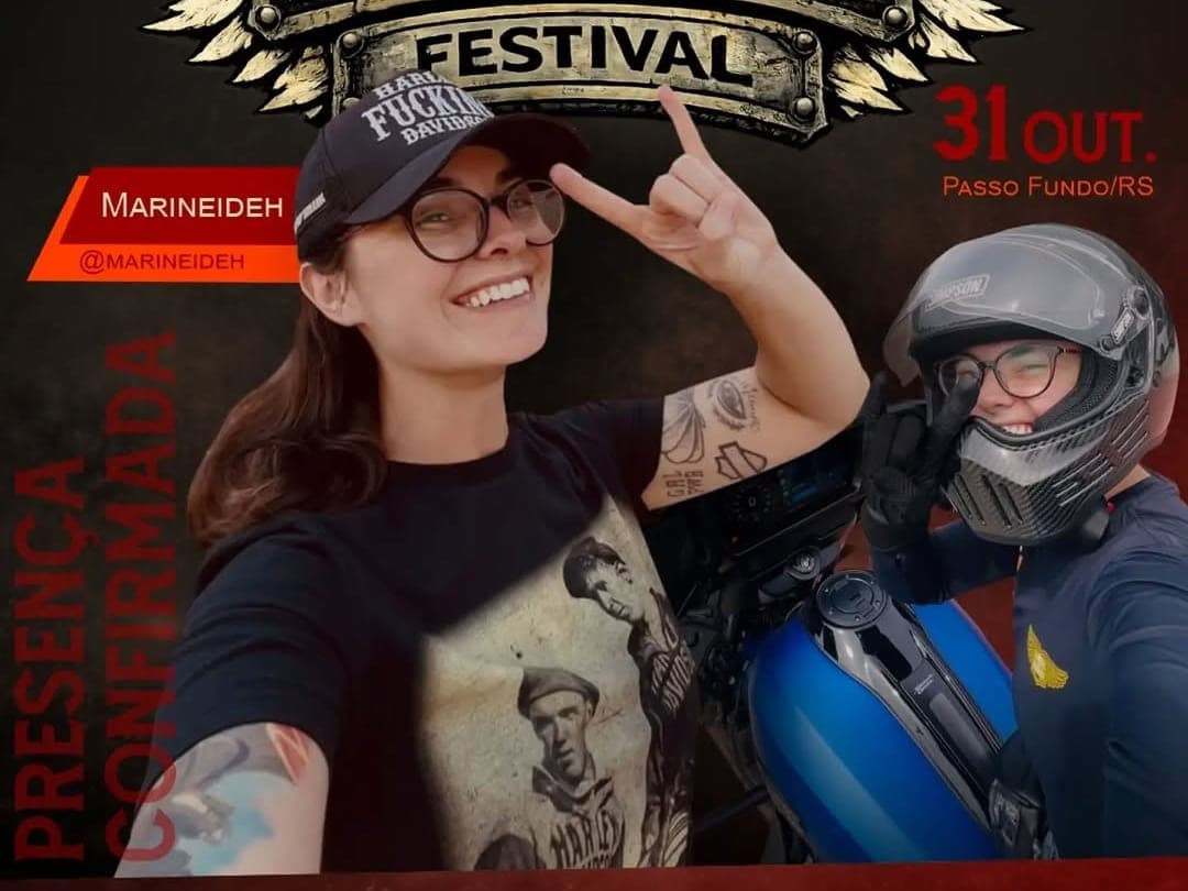 Card oficial do festival com Marineideh ao lado de uma moto