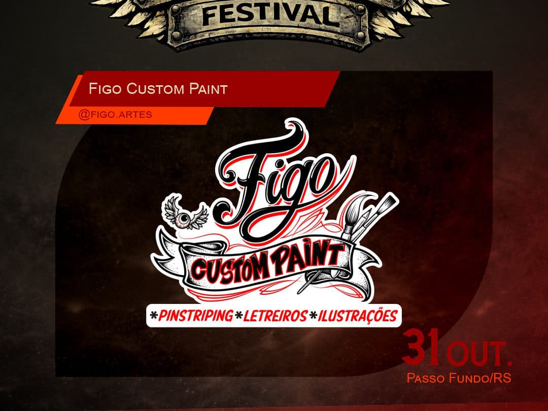 Card oficial do Harleyluia Festival anunciando Figo Custom Paint como expositor